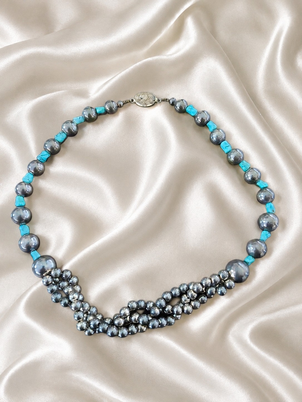 Vintage Silver Pearl & Turquoise Beaded Necklace – Marked Silver